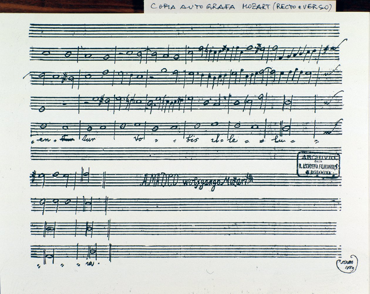 Página de música para Querite primum regnum Dei de Mozart para obter o título de Accademia filarmonico, versão corrigida pelo padre Martini (1770) de Wolfgang Amadeus Mozart