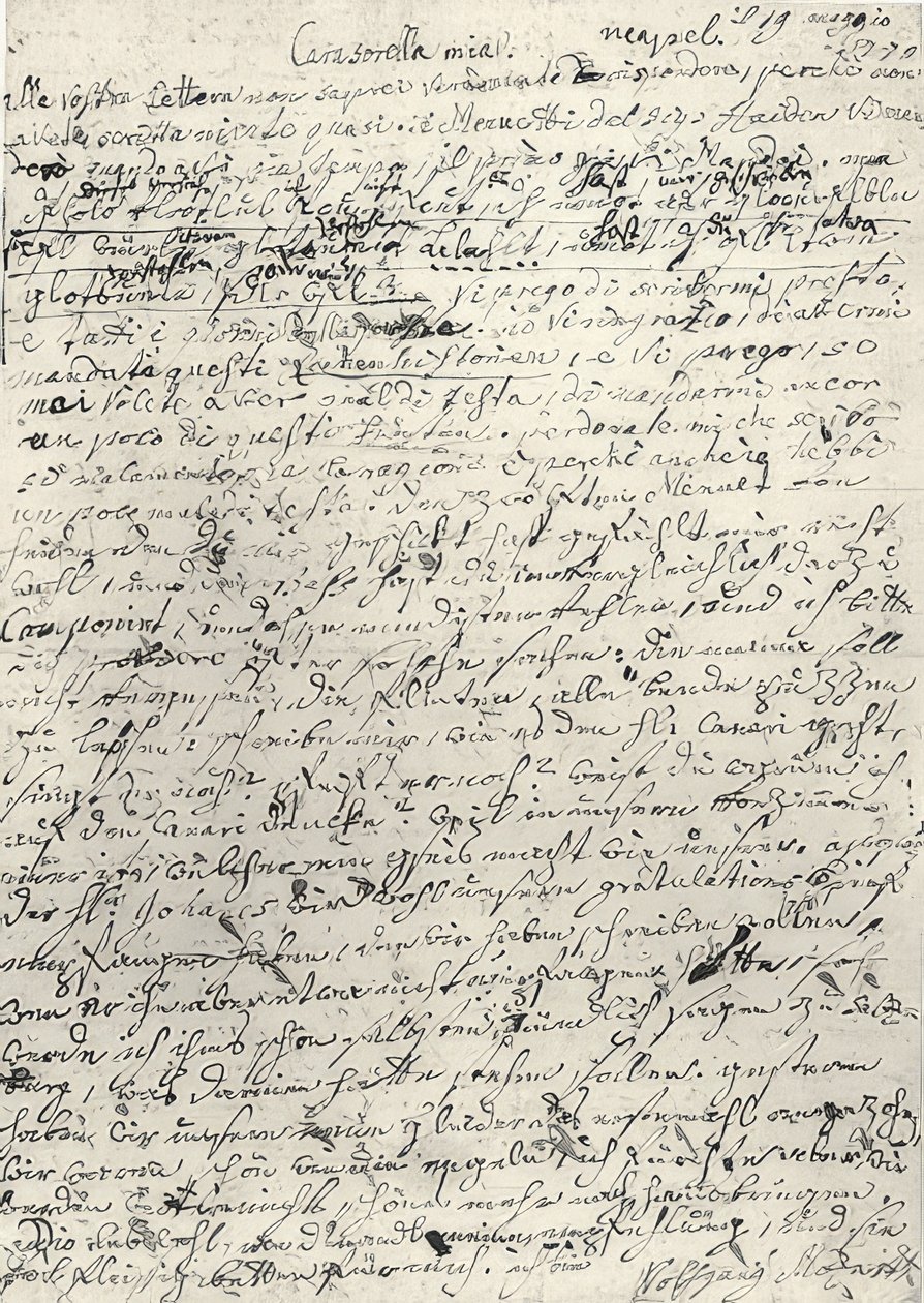 Wolfgang Amadeus Mozart (1756-1791) compositor austríaco. Carta de autógrafo para sua irmã Nannerl. Nápoles 19 de março de 1770 de Wolfgang Amadeus Mozart