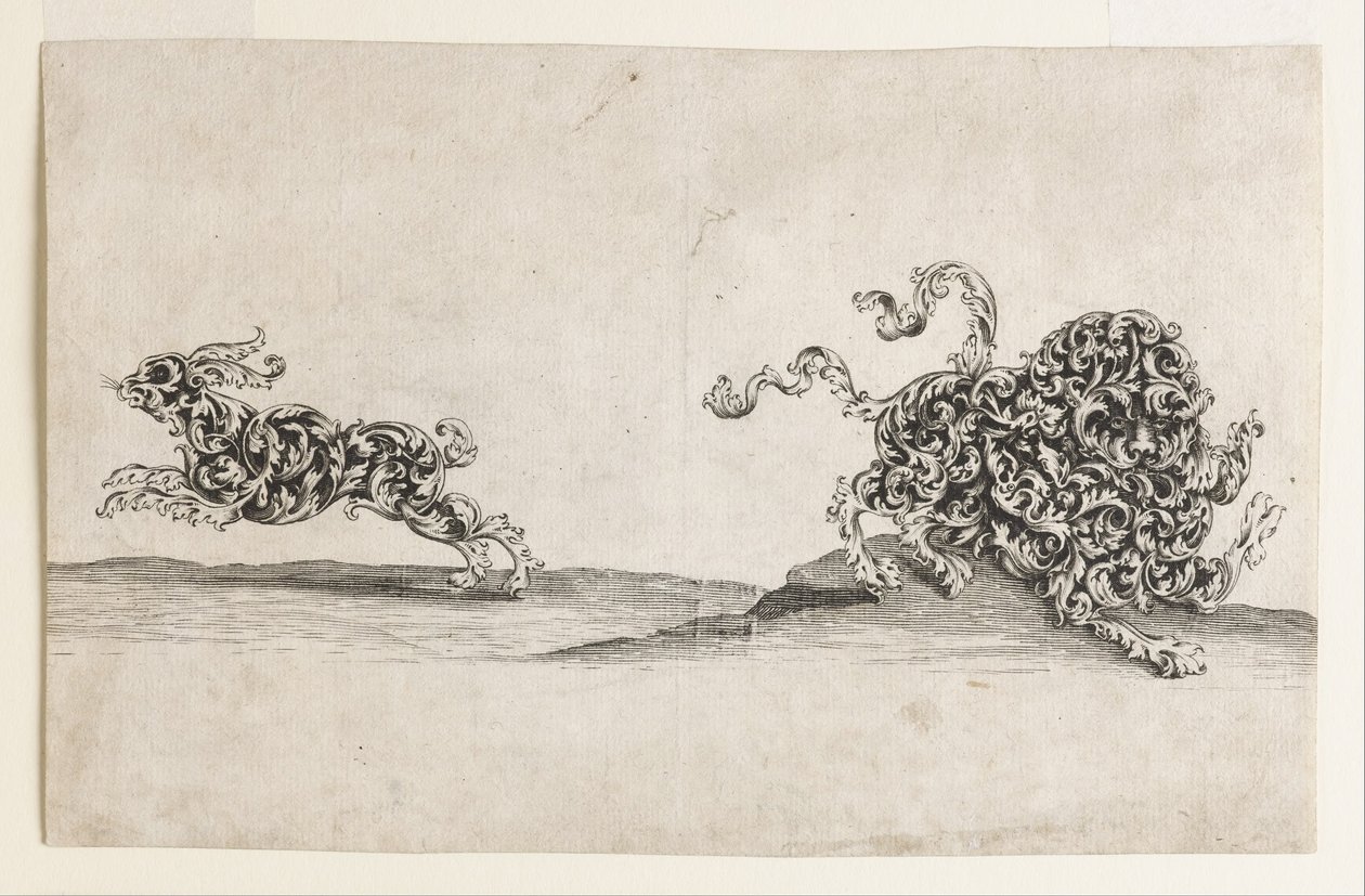 Leão e Lebre Compostos por Folhas Ornamentais de Wolfgang Hieronymus von Bömmel