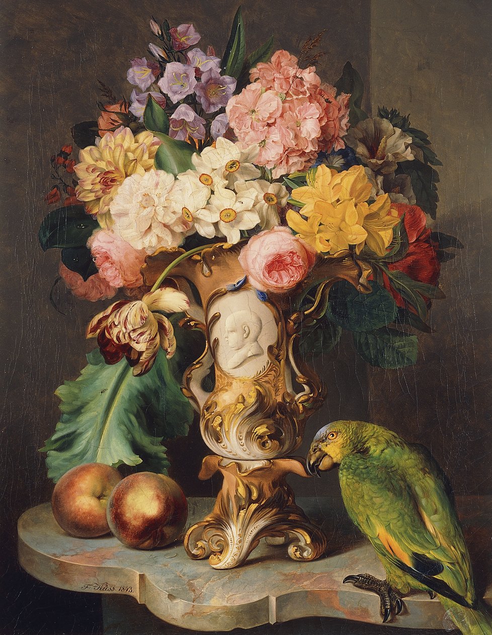 Uma natureza-morta com um vaso de flores sortidas, pêssegos e um papagaio em uma borda de mármore, 1843 de Wolfgang Küss