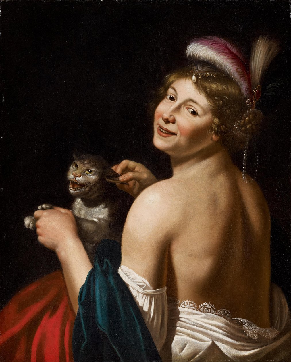 Puxando uma cortesã ao ouvido de um gato de Workshop of Jan van Bijlert