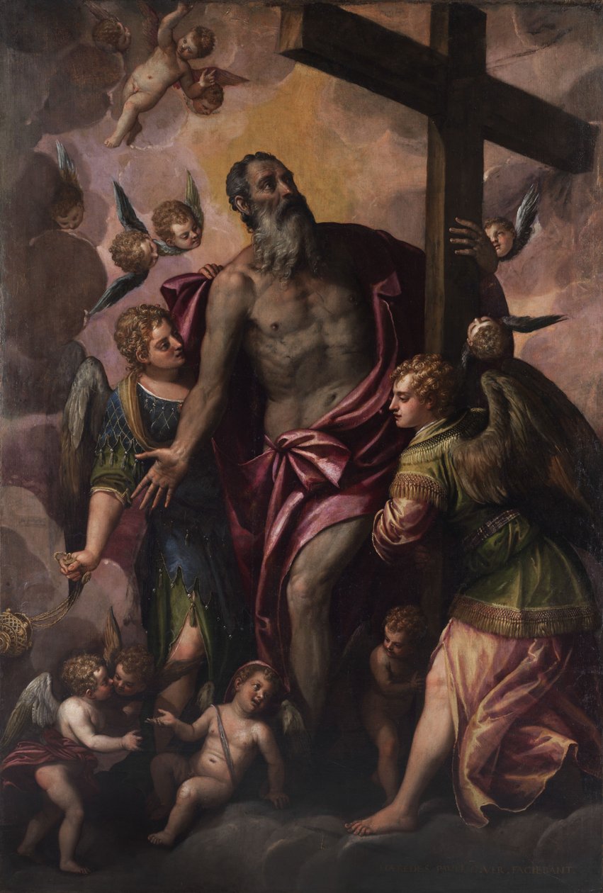 Deus pai segura a cruz de seu filho de Workshop of Paolo Veronese