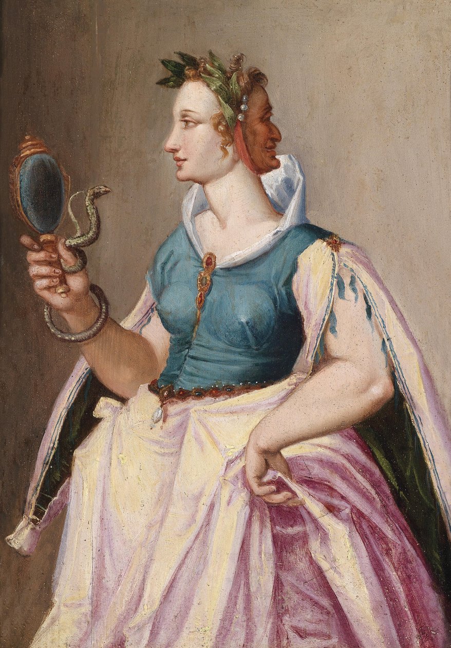 Alegoria da vaidade, uma mulher com cabeça de janus com um espelho em torno do qual uma cobra ventos de Peter Candid