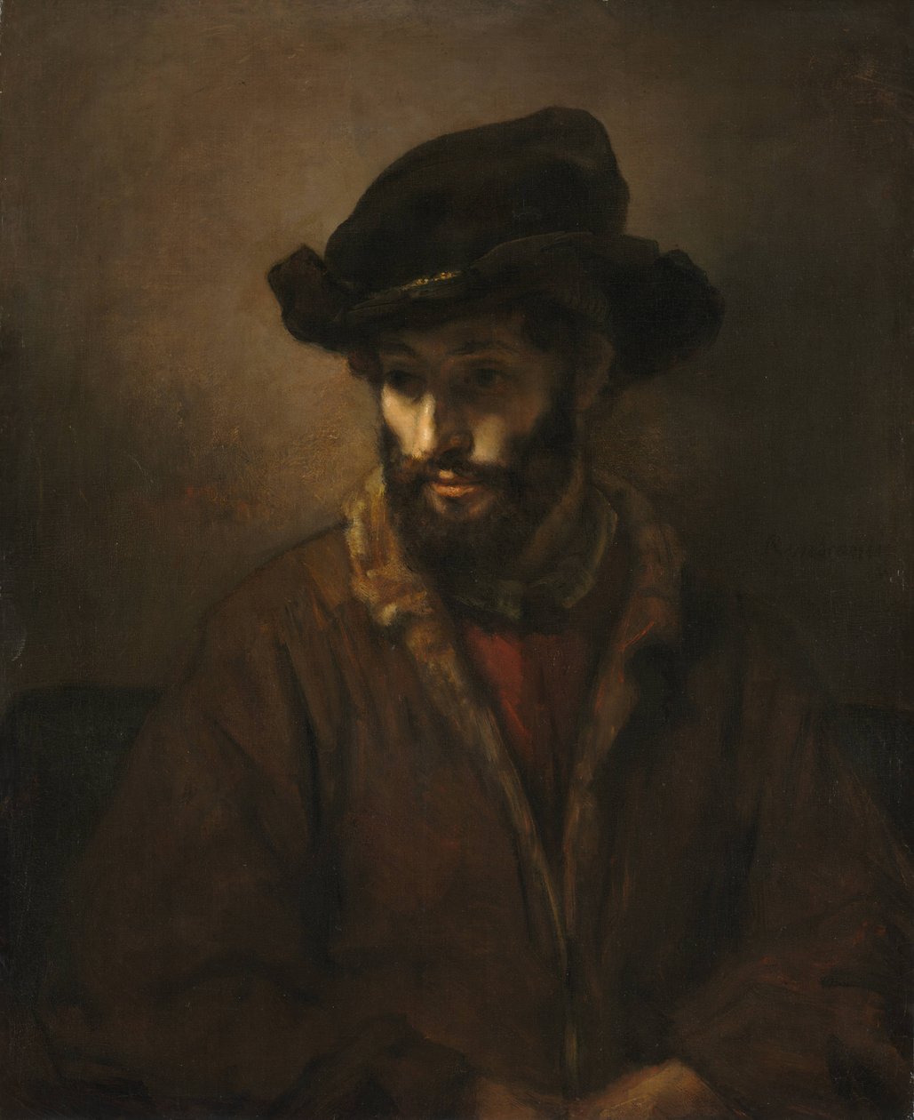 Um homem barbudo vestindo um chapéu de Workshop of Rembrandt