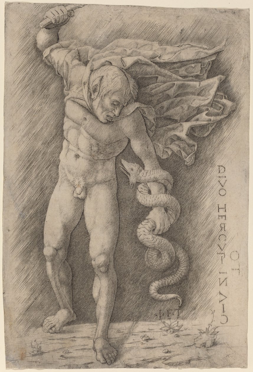 Fauno lutando contra uma cobra de Workshop of Andrea Mantegna