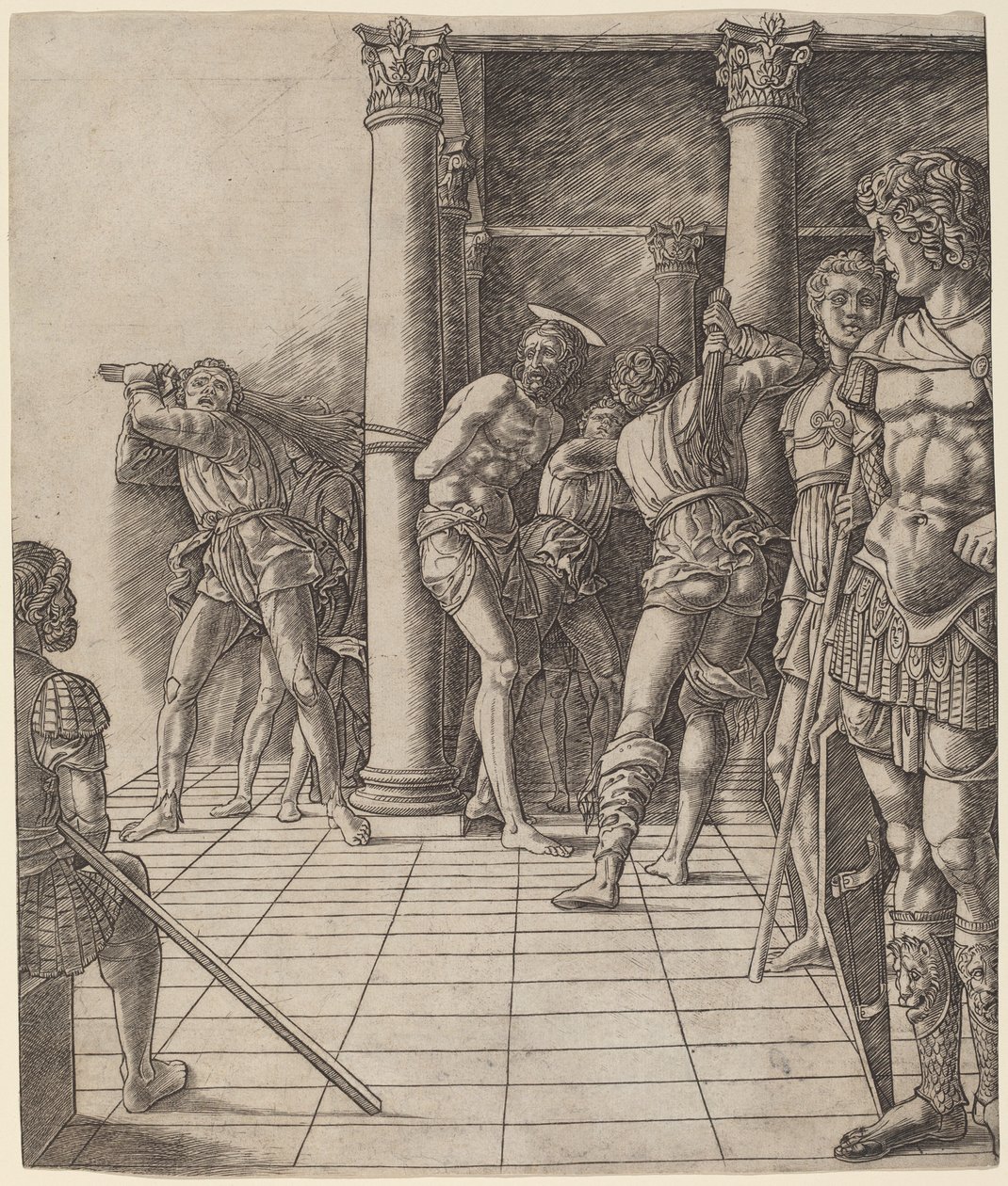 Flagelação de Cristo, com a Calçada de Workshop of Andrea Mantegna