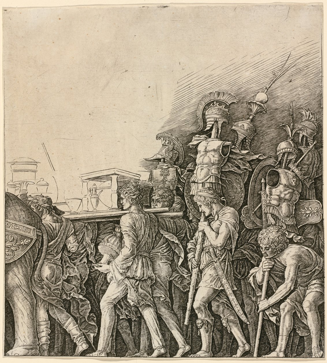 O triunfo de César: soldados carregando troféus de Workshop of Andrea Mantegna