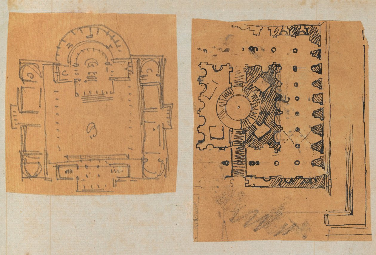 Página de um livro de recortes contendo desenhos e várias gravuras de arquitetura, Int..., ca. 1800-1850. Criadores: Workshop de Charles Percier, Workshop de Pierre François Léonard Fontaine. de Workshop of Charles Percier, Workshop of Pierre