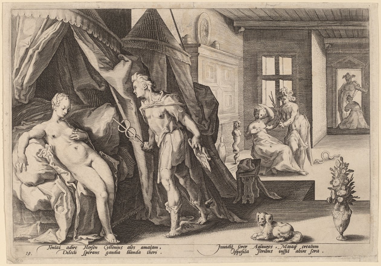 Mercúrio entrando no quarto de Herse depois de transformar Agraulos em pedra de Workshop of Hendrick Goltizus, after Hendrick Goltzius