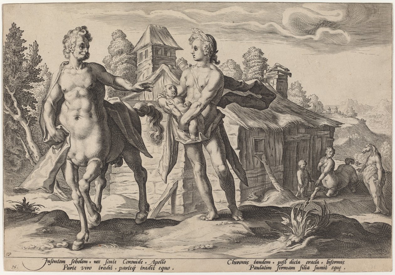 Apolo confiando a Quíron a educação de Asclépio de Workshop of Hendrick Goltzius, after Hendrick Goltzius