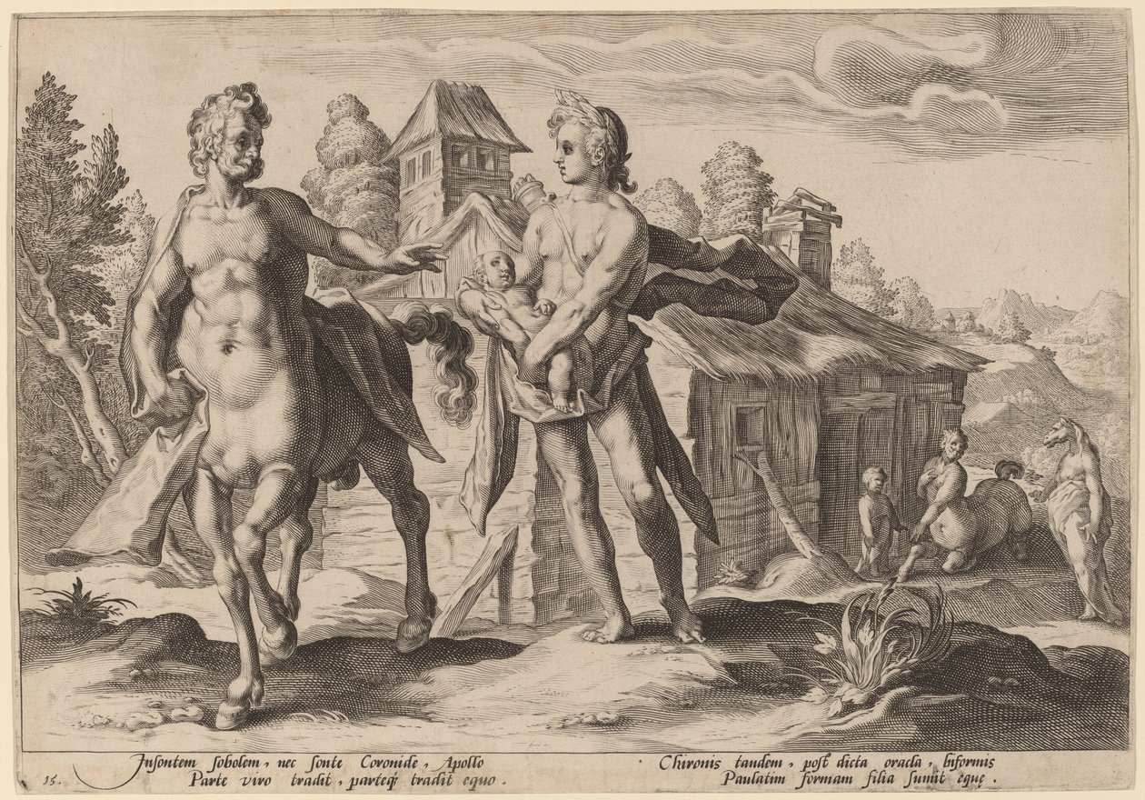 Apolo confiando a Quíron a educação de Asclépio de Workshop of Hendrick Goltzius, after Hendrick Goltzius
