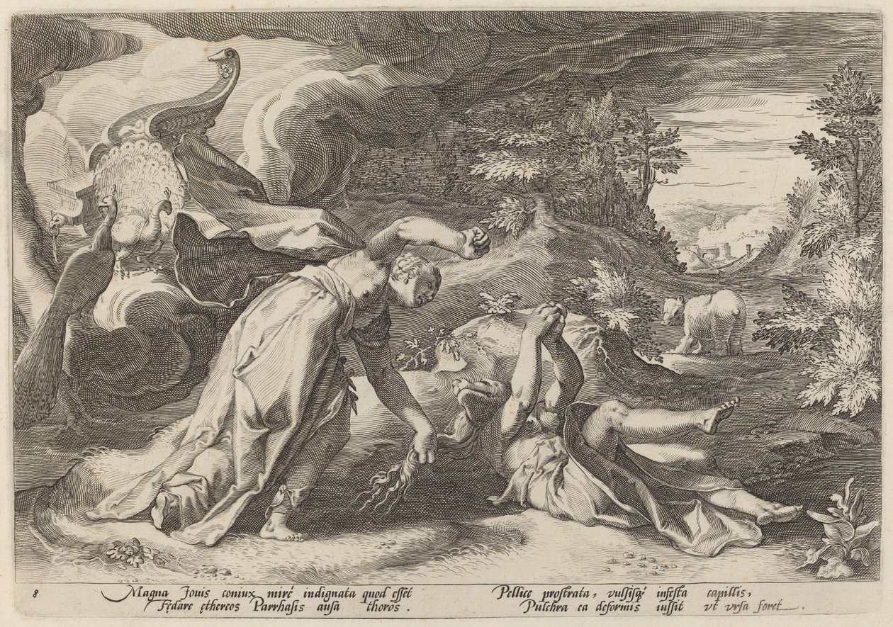Juno transformando Callisto em um urso de Workshop of Hendrick Goltzius, after Hendrick Goltzius