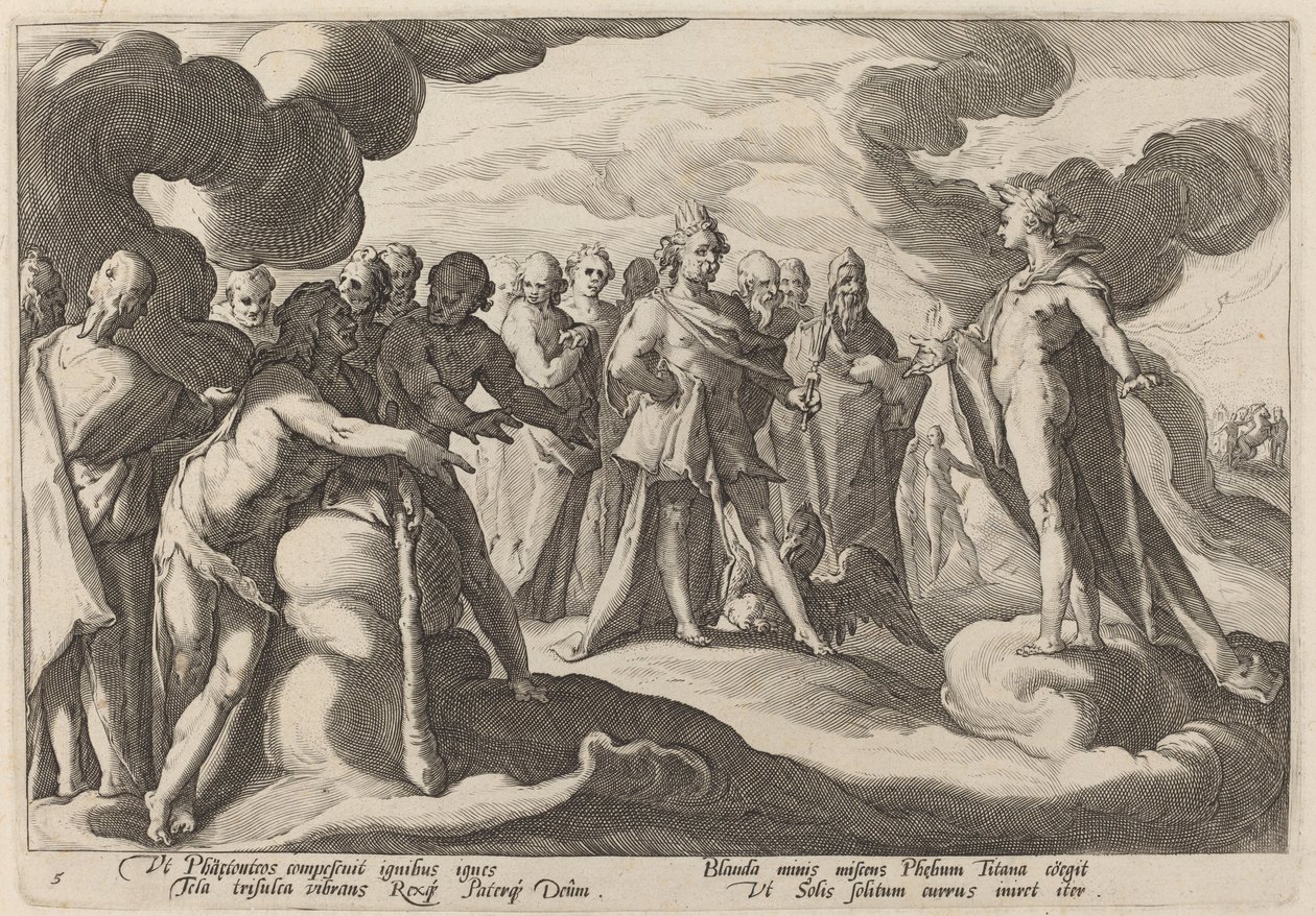 Júpiter e os deuses pedindo a Hélio para retomar o controle da carruagem de Workshop of Hendrick Goltzius, after Hendrick Goltzius