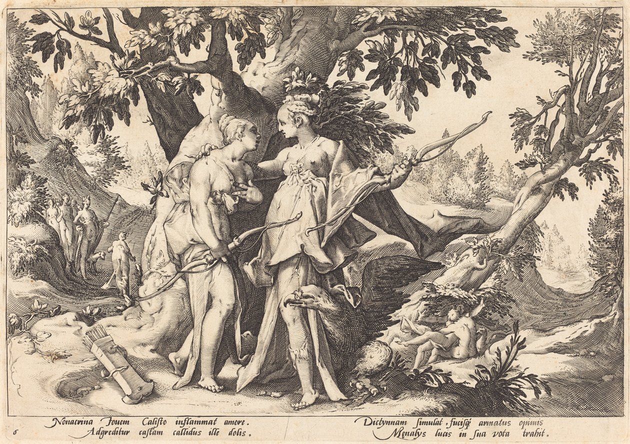 Júpiter disfarçado de Diana seduz Calisto de Workshop of Hendrick Goltzius, after Hendrick Goltzius