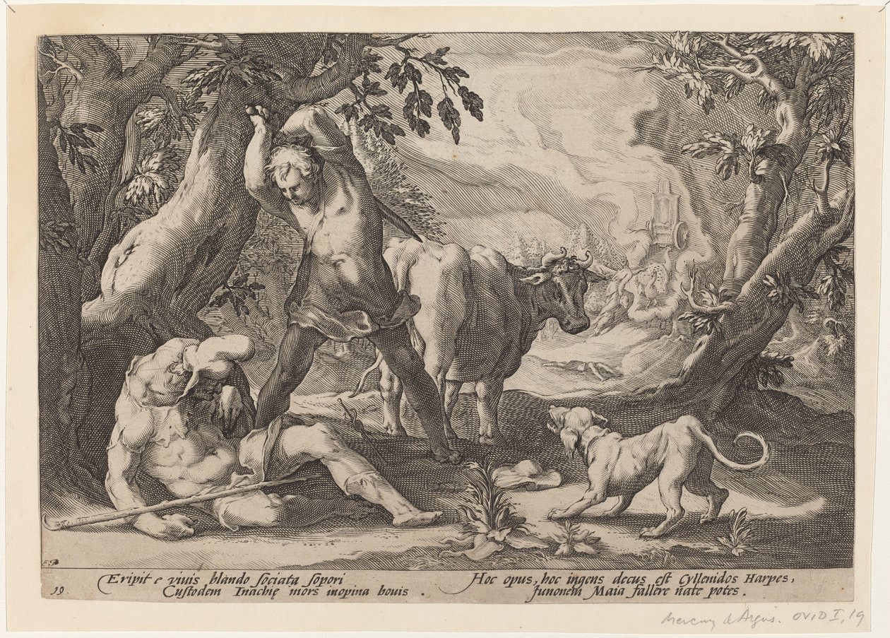 Paisagem com Mercúrio levantando sua espada para matar um Argus adormecido de Workshop of Hendrick Goltzius, after Hendrick Goltzius