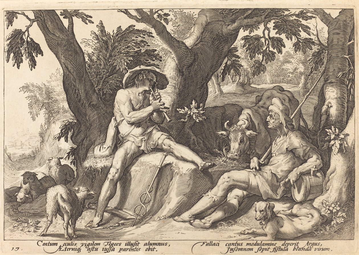 Mercúrio colocando Argus para dormir de Workshop of Hendrick Goltzius, after Hendrick Goltzius
