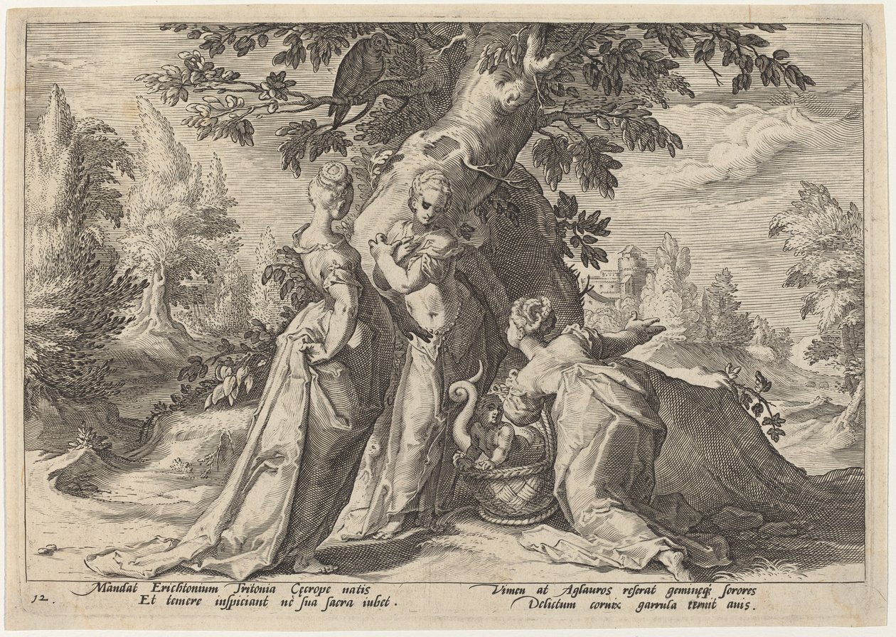 As Filhas de Cecrops abrem o caixão que lhes foi confiado por Minerva de Workshop of Hendrick Goltzius, after Hendrick Goltzius