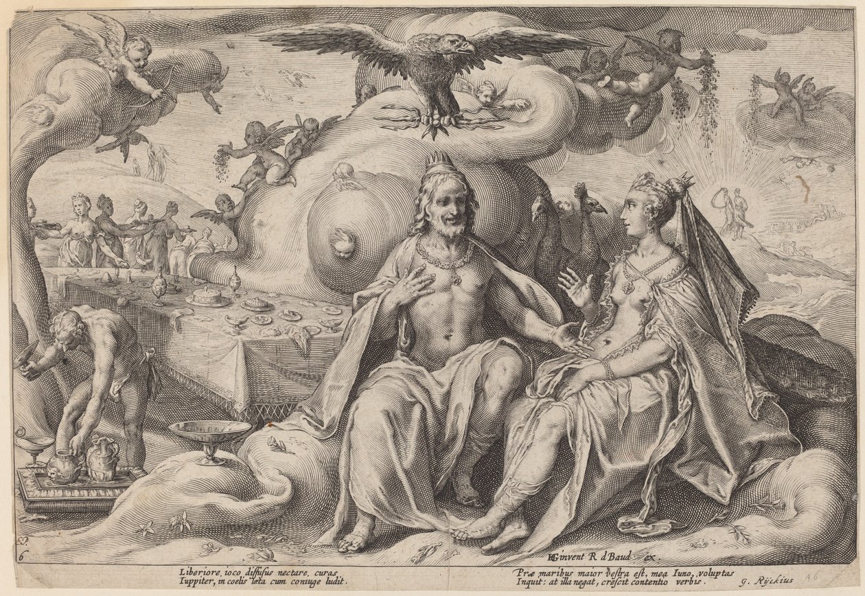 A disputa entre Júpiter e Juno de Workshop of Hendrick Goltzius, after Hendrick Goltzius