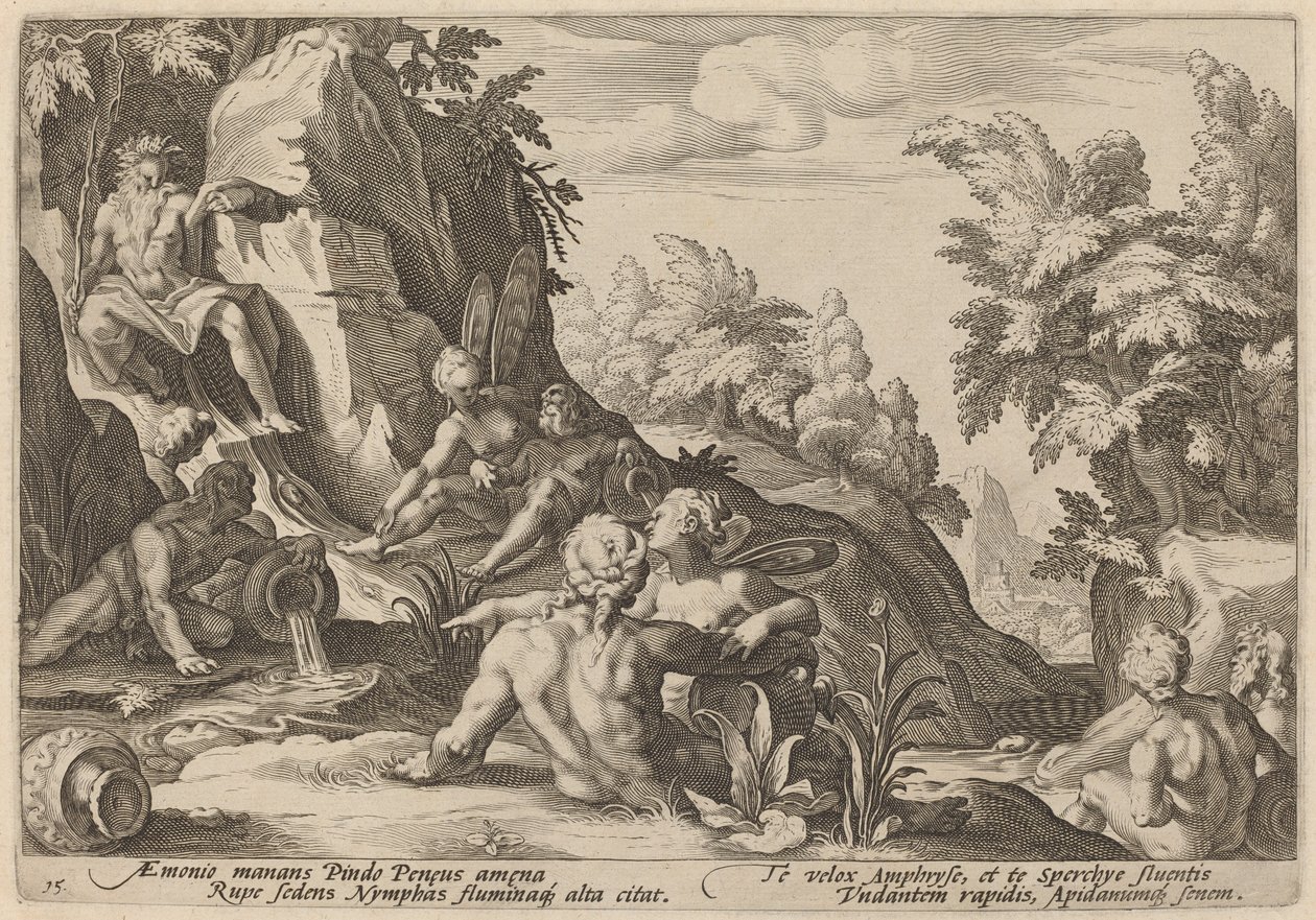 O deus do rio Peneu cercado por outras divindades de Workshop of Hendrick Goltzius, after Hendrick Goltzius