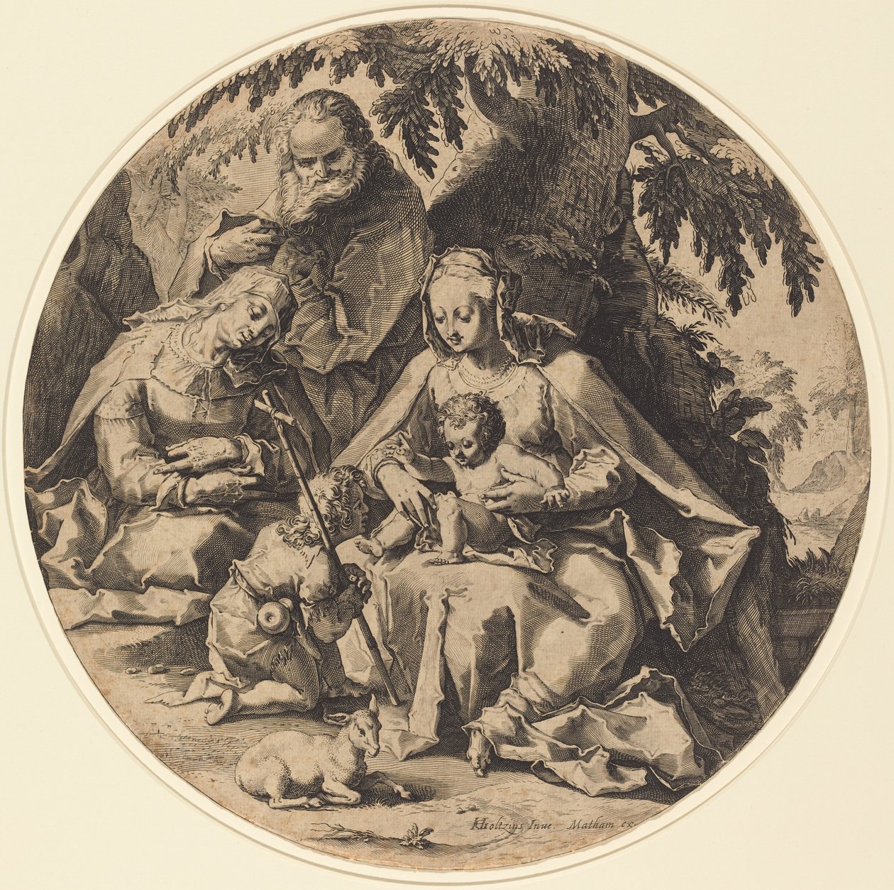 A Sagrada Família com Santa Isabel e São João Batista de Workshop of Jacob Matham, after Hendrik Goltzius