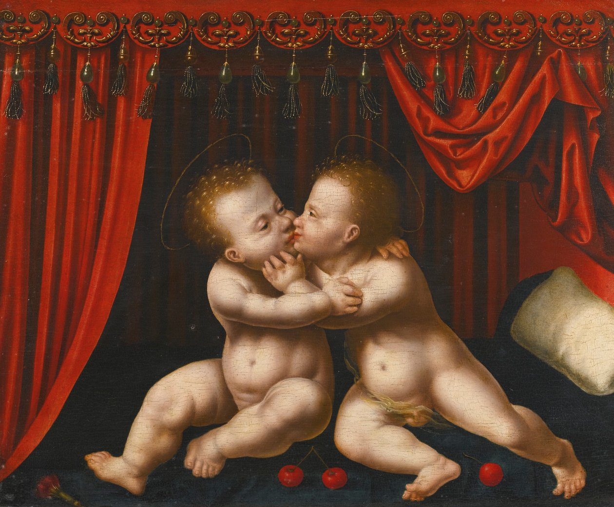 Neerlandês: Christus en Johannes de Doper als kinderen Os bebés Cristo e João Batista abraçados de Workshop of Joos van Cleve
