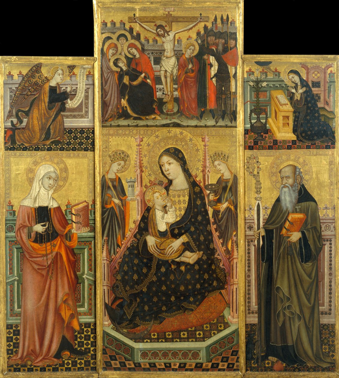 Retábulo da Virgem Mamando o Menino, Santa Clara e Santo Antônio, o Abbott de Workshop of Llorenç Saragossa