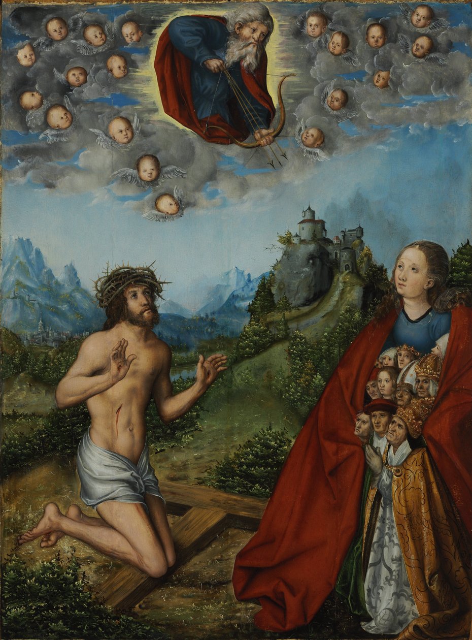 Cristo e a Virgem Intercedendo pela Humanidade diante de Deus Pai (As Três Pragas) de workshop of Lucas Cranach the Elder