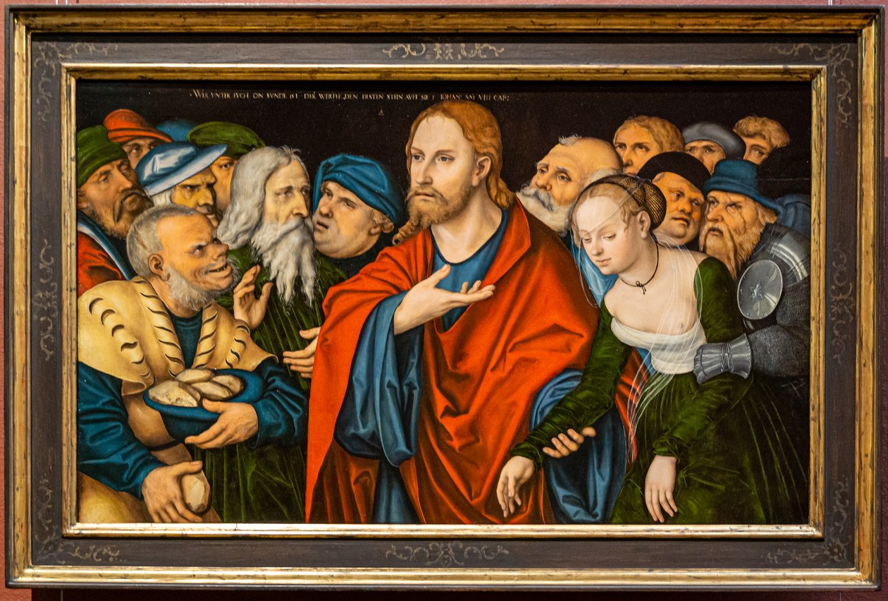 Alemão: Christus und die Ehebrecherin Cristo e a mulher apanhada em adultério de workshop of Lucas Cranach the Elder