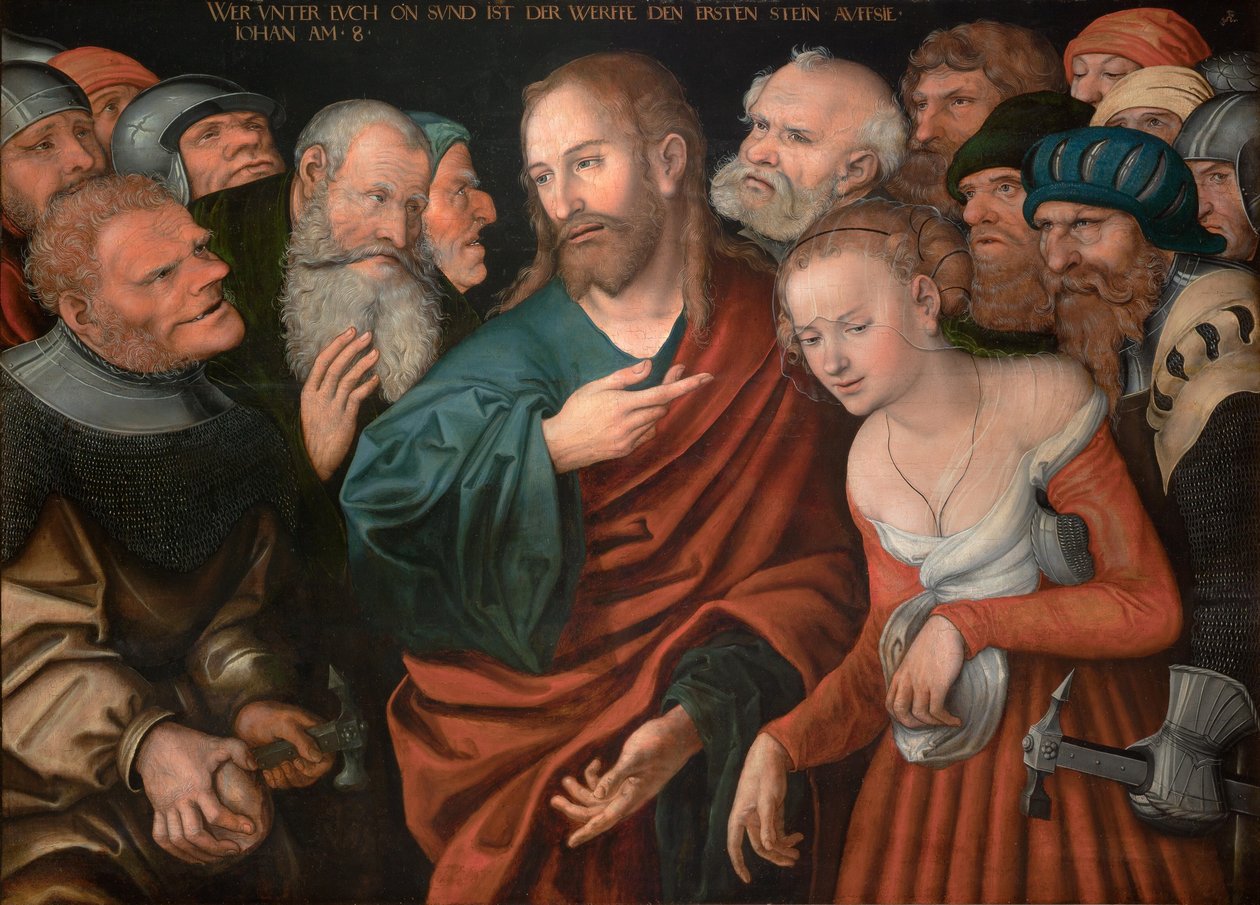 Alemão: Christus und die Ehebrecherin Jesus Cristo e a mulher apanhada em adultério de workshop of Lucas Cranach the Elder