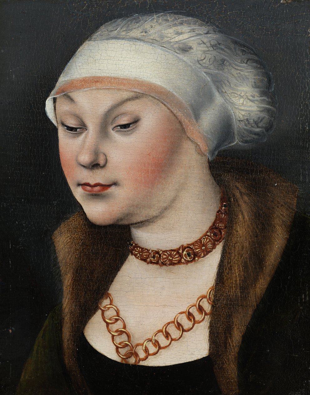 Alemão: Kopf einer Dame mit weißer Haube (Omphale) Cabeça de uma mulher com um chapéu branco de workshop of Lucas Cranach the Elder