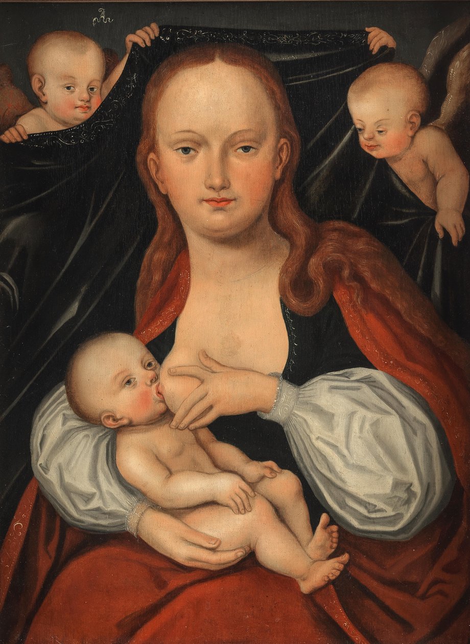 A Madona e o Menino diante de uma cortina segurada por dois anjos de workshop of Lucas Cranach the Elder