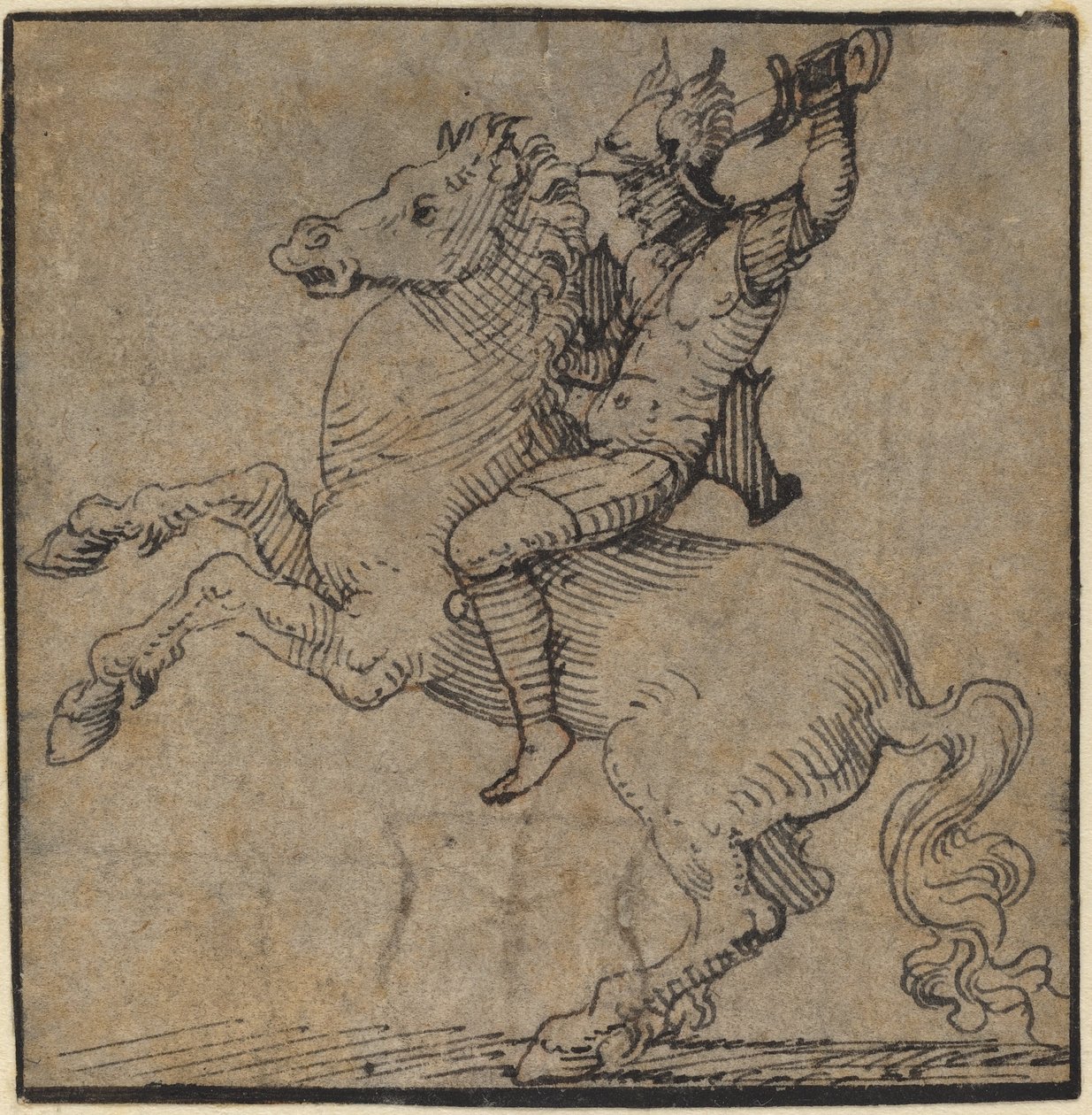 Guerreiro em armadura renascentista em um cavalo empinado de Workshop of Peter Vischer the Younger