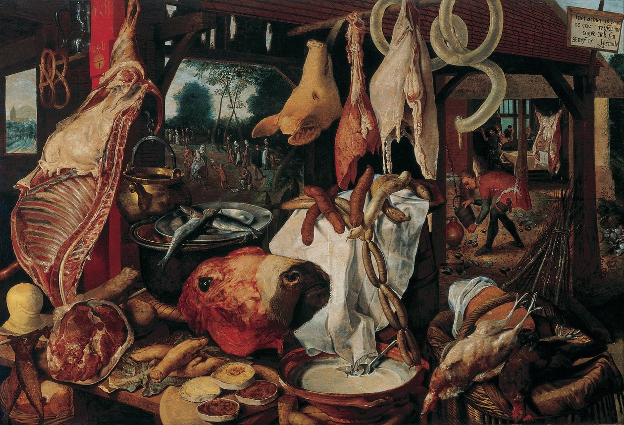 Natureza morta com carne e a família sagrada de Workshop of Pieter Aertsen
