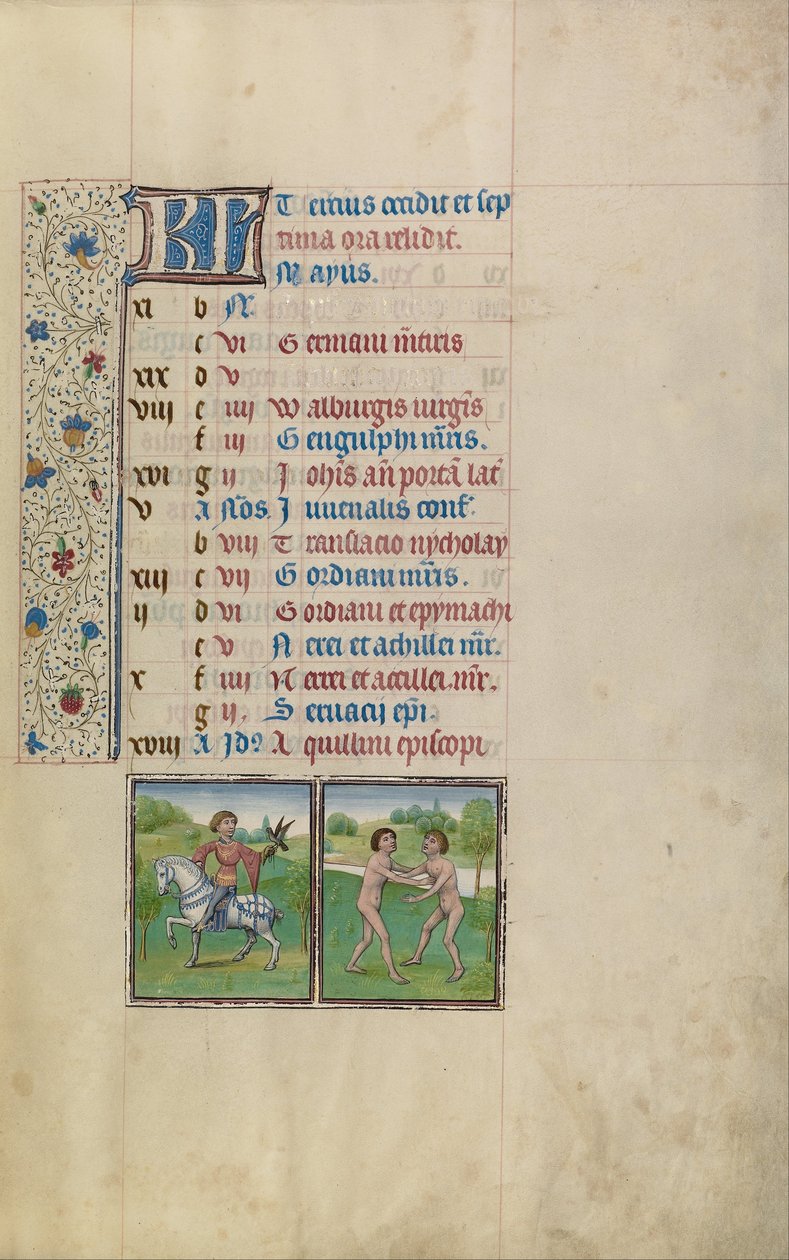 A Man Hawking; Signo Zodiacal de Gêmeos de Workshop of Willem Vrelant