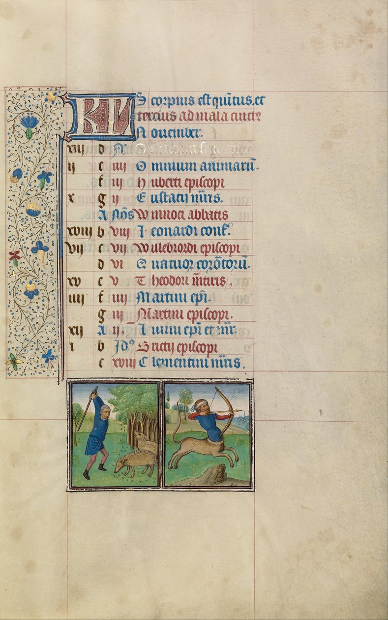 Um homem derrubando bolotas de uma árvore; Signo Zodiacal de Sagitário de Workshop of Willem Vrelant