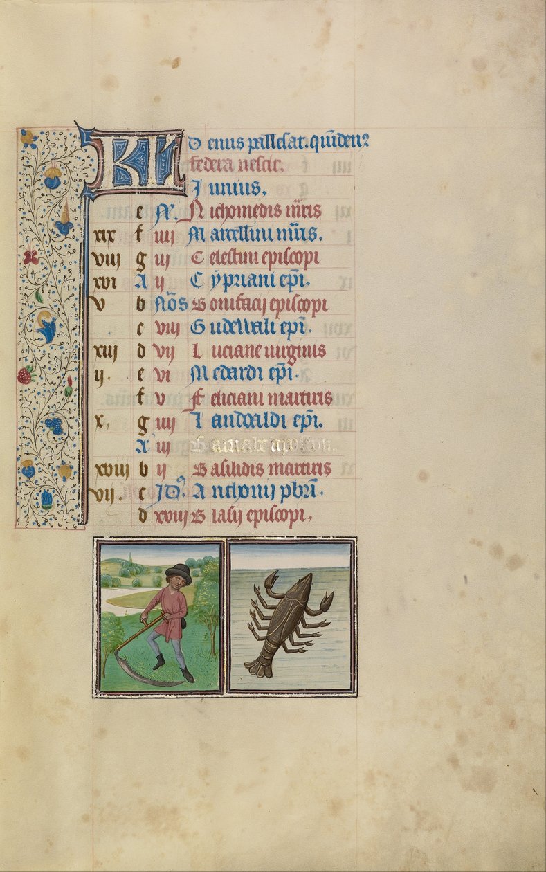 Um Homem Cortando; Signo Zodiacal de Câncer de Workshop of Willem Vrelant