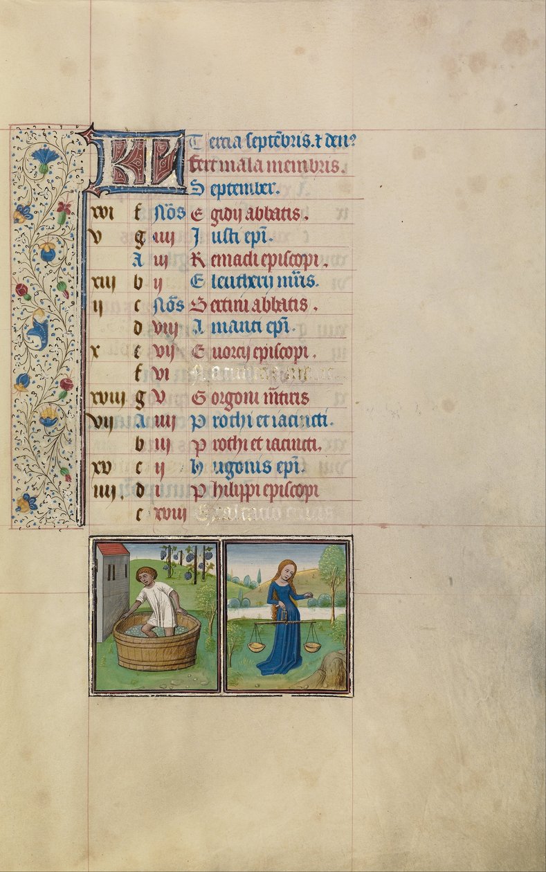 Um homem pisando uvas; Signo Zodiacal de Libra de Workshop of Willem Vrelant