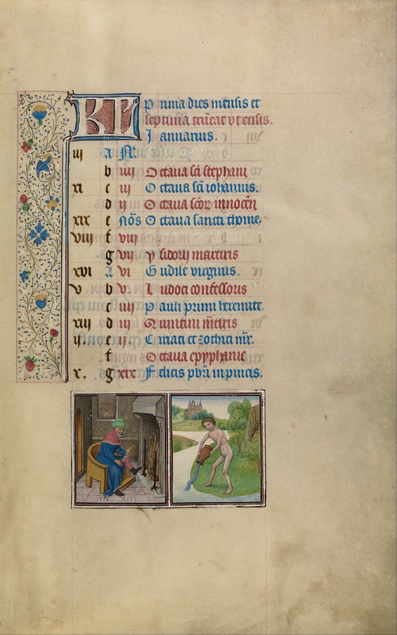 Um homem aquecendo por um incêndio; Signo Zodiacal de Aquário de Workshop of Willem Vrelant