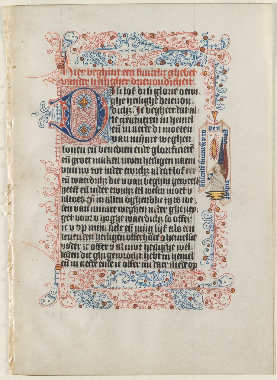 Folha Excisada de um Livro de Horas: Anjo com um Banderole dentro de uma Fronteira Farinhenta, c. 1475. de Workshop of the Convent of St.