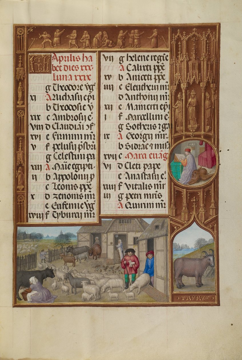 Animais de fazenda, ordenha e fabricação de manteiga; Signo Zodiacal de Touro de Workshop of the Master of James IV of Scotland