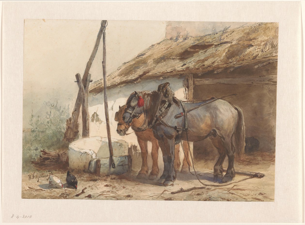 Dois cavalos de pé em frente de um estábulo de Wouter  Verschuur