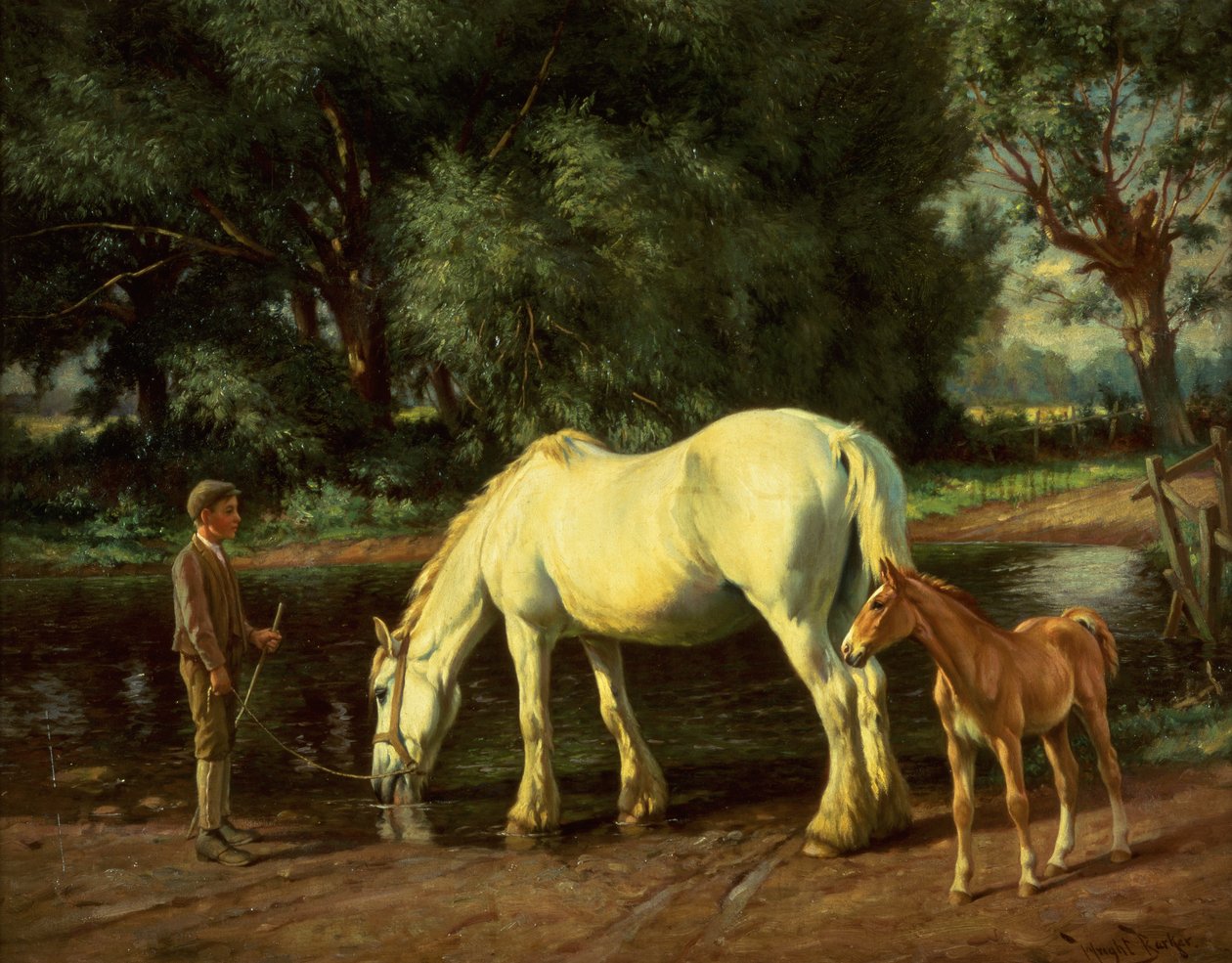 Uma égua e o seu potro num vau (óleo sobre tela) de Wright Barker