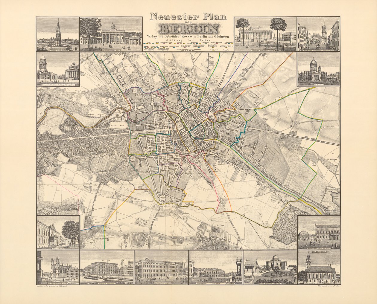 Mapa histórico de Berlim, publicado por Verlag Gebrueder Rocca, Berlim 1838 de W.v. Moellendorf