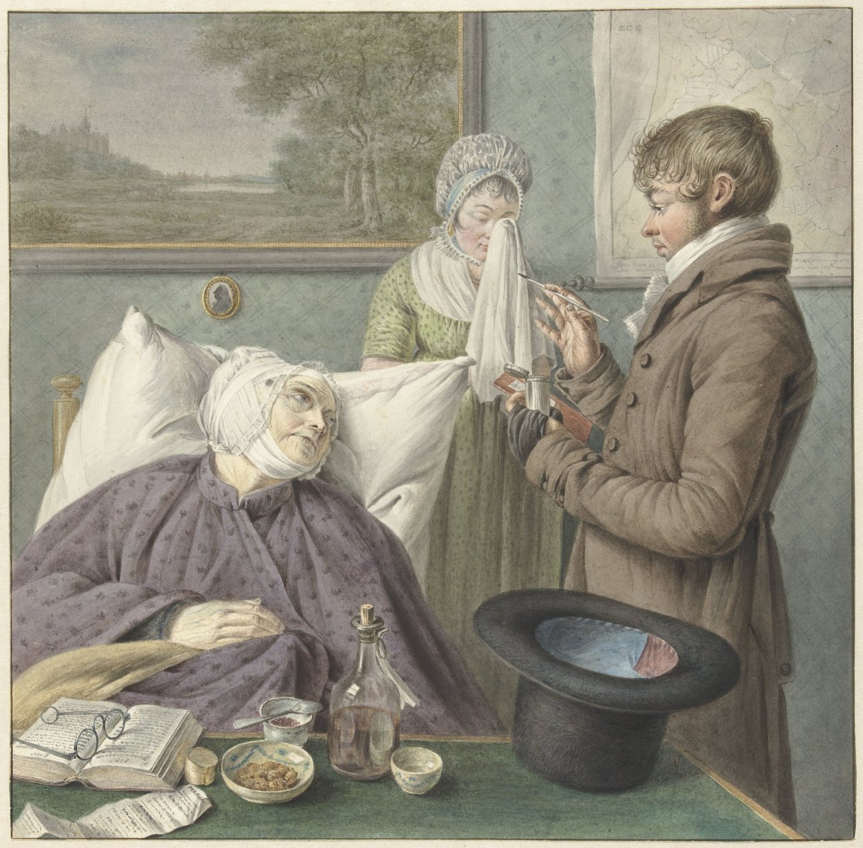 Médico visita uma mulher idosa doente na cama de Wybrand Hendriks (attributed to)