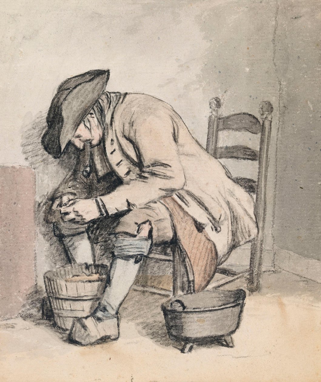 Um homem sentado, debruçado sobre um balde; três mulheres (em silhueta) no verso de Wybrand Hendriks