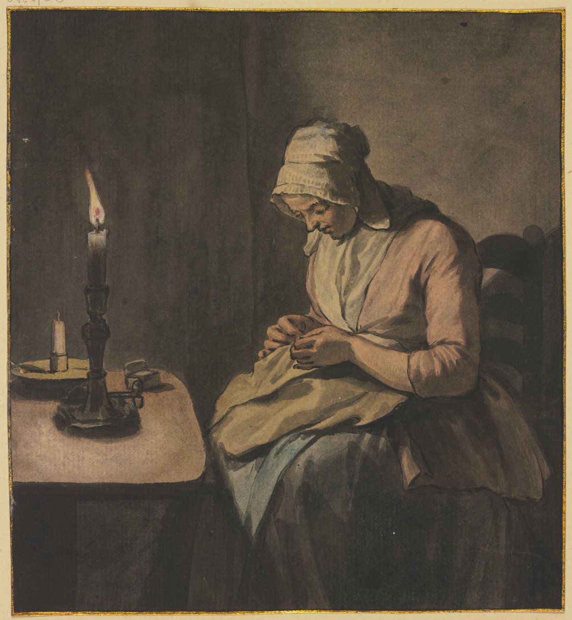 Mulher a fazer trabalhos manuais à luz de velas de Wybrand Hendriks