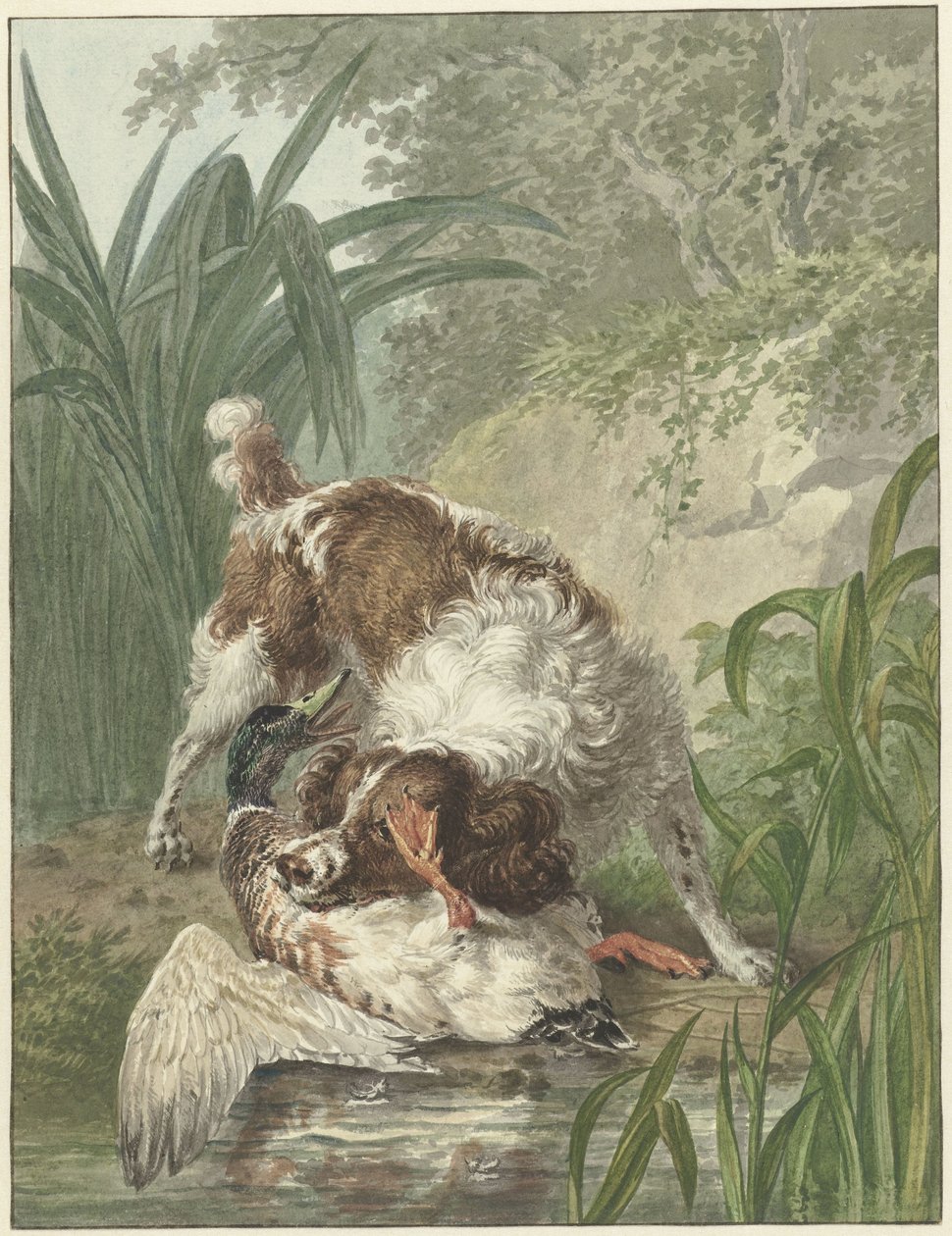 Cão de caça pega um pato de Wybrand Hendriks