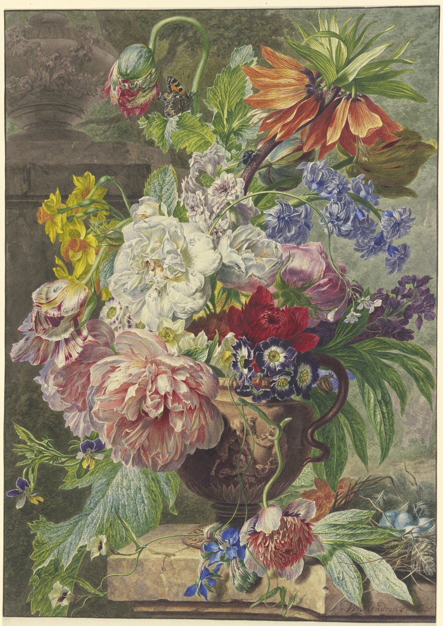 Natureza-morta com ramo de flores e ninho de pássaro de Wybrand Hendriks