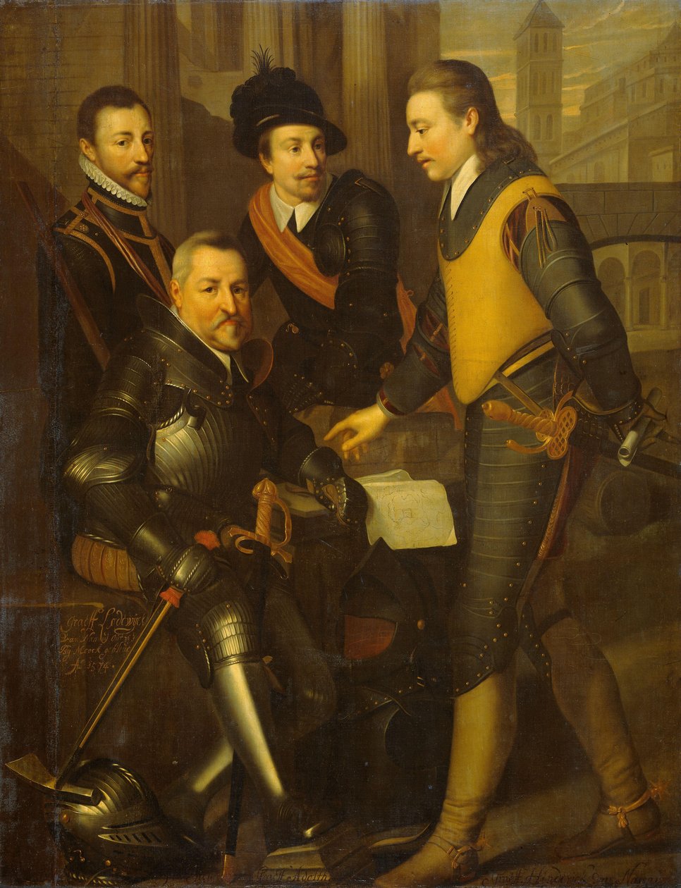 Retrato de grupo dos quatro irmãos de Guilherme I, Príncipe de Orange: Jan (1535-1606), Hendrik (1550-74), Adolf (1540-68) e Lodewijk (1538-74), Condes de Nassau de Wybrand de Geest (I) (workshop of)