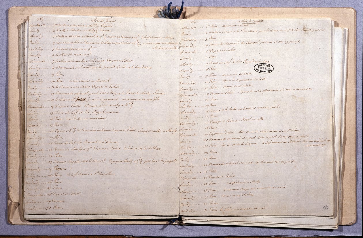 Diário de Luís XVI. Mês de Junho e Julho de 1789. Caderno 17X21 cm. Arquivos Nacionais. Paris de XVI Louis